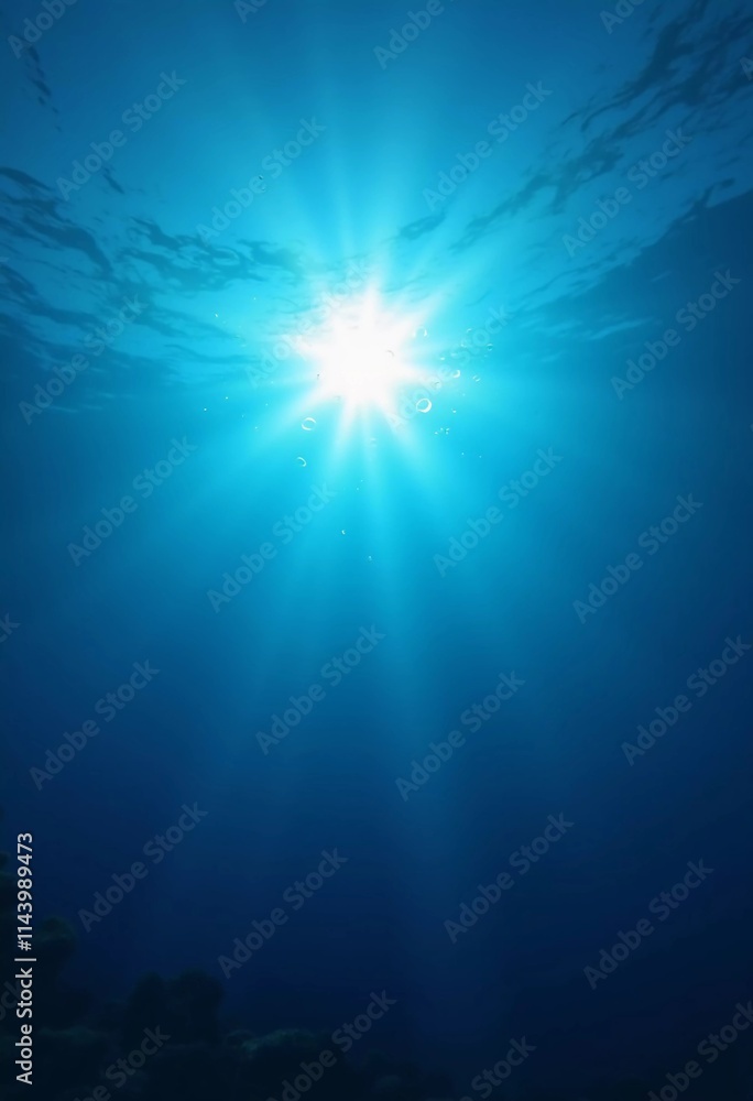 Poster light filters through the surface of the deep blue sea, creating a serene atmosphere with vibrant ra