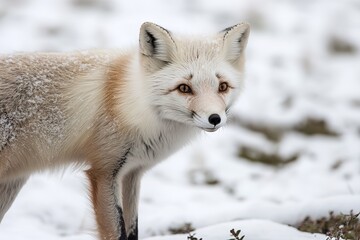 Fototapeta premium close-up shot of arctic standing on snow its white fur blending with frosty landscape