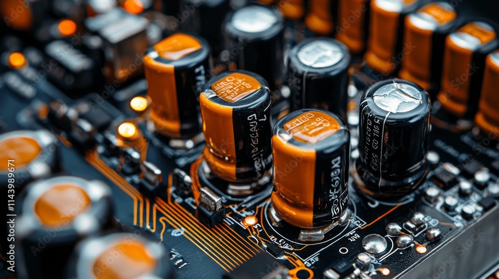 Poster close-up view of electronic components on a circuit board showcasing capacitors and intricate design