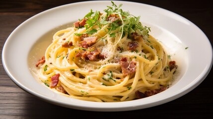 Authentic Italian Spaghetti Carbonara with a Rich and Creamy Sauce Crispy Pancetta and a Generous Sprinkle of Parmesan Cheese