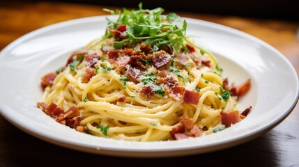 Delectable and Indulgent Italian Spaghetti Carbonara with a Rich Creamy Sauce Crispy Pancetta and Grated Parmesan Cheese   A Classic and Comforting Culinary Delight