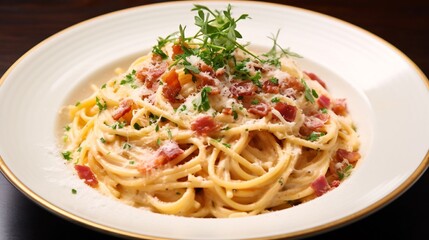 Delectable Italian Spaghetti Carbonara with Creamy Sauce Pancetta and Parmesan   Perfectly cooked pasta in a rich velvety sauce topped with crispy pancetta and freshly grated Parmesan cheese