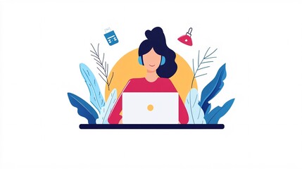 Obraz premium A young woman with dark hair and headphones working on a laptop surrounded by tropical plants.