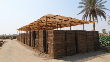 Stacked Baskets Beneath a Canopy in a Palm Tree Landscape
