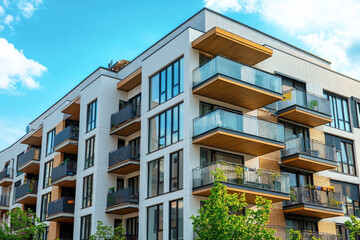 Modern urban apartment building with balconies against blue sky