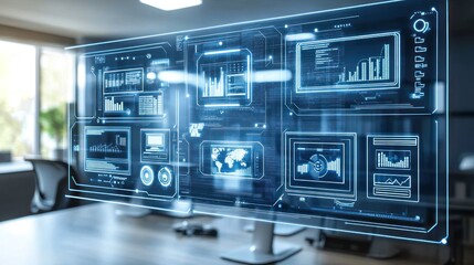 Futuristic digital dashboard displaying data analytics and global network on a monitor in modern office.
