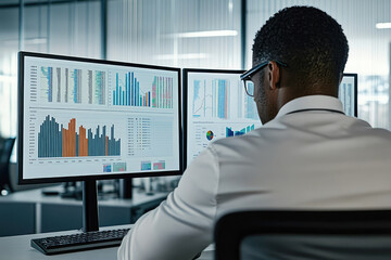African male analyst reviewing financial data on dual monitors in modern office