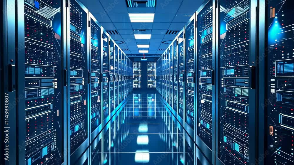 Poster a futuristic data center showcases rows of illuminated server racks, casting a blue glow. the sleek 