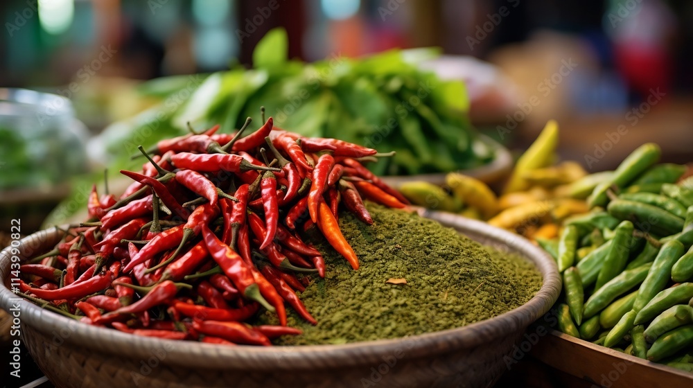 Poster vibrant display of an array of fresh colorful thai culinary herbs and spices at a local market stall