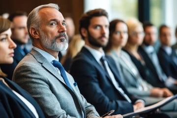 Mature caucasian male in business meeting with diverse colleagues