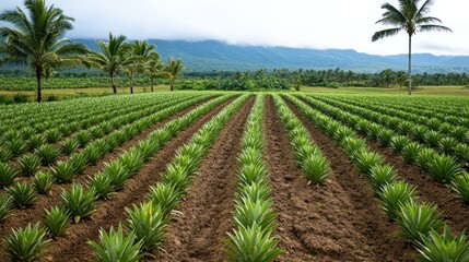 Lush rows of pineapple plants in a tropical field with palm trees and mountains in the background.