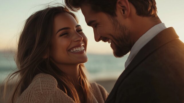 Couple enjoying a sunset together by the beach, sharing smiles and warmth during a romantic moment