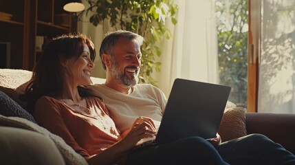 A joyful couple, a Middle-Eastern man and a Caucasian woman, sharing a light moment while using a laptop at home.