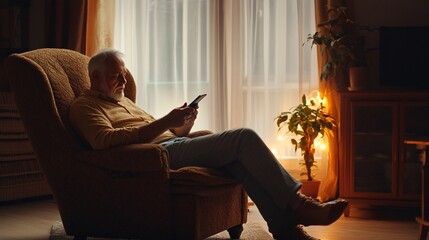 Obraz premium An elderly Caucasian man sits comfortably in a cozy chair, using his smartphone in a softly lit room.