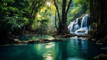 Naklejka premium Picturesque Erawan Waterfall in Kanchanaburi Thailand Surrounded by Verdant Jungle Foliage and Natural Beauty