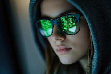 Young adult female hacker with code reflections in glasses