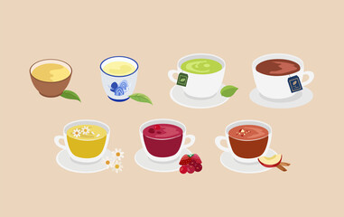 chinese tea, green tea, Black tea, Herbal Tea, Fruit Tea, illustration for menu.