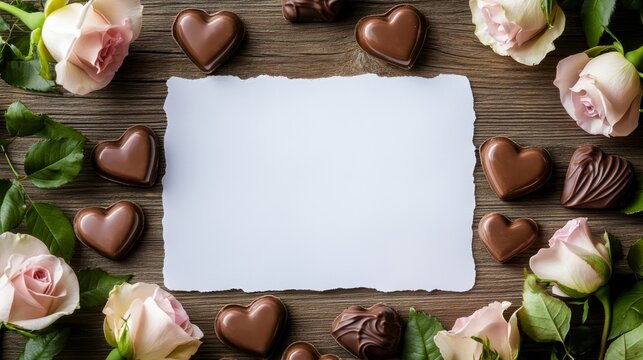 A delicate composition featuring pink roses and assorted chocolates surrounds a blank piece of paper, creating a romantic setting perfect for love notes or heartfelt messages.