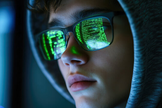 Young caucasian male hacker with code reflections in glasses