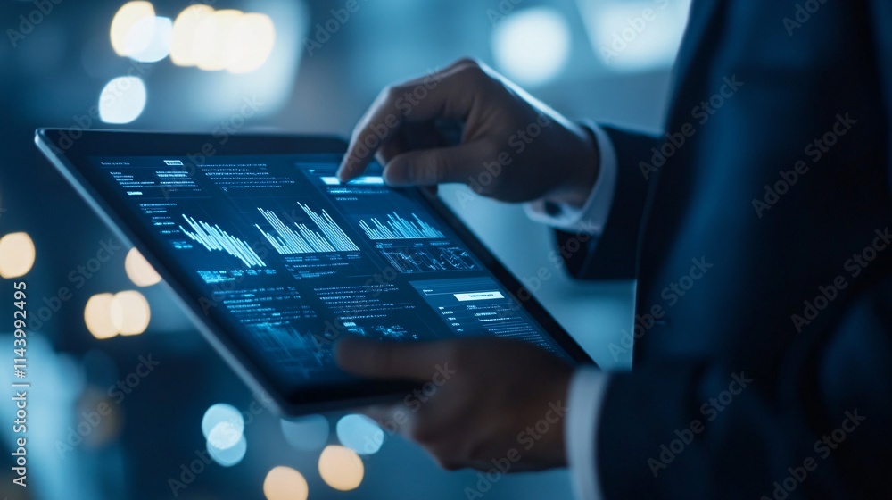 Poster a businessman reviews analytics on a tablet, showcasing graphs and data in a high-tech environment.