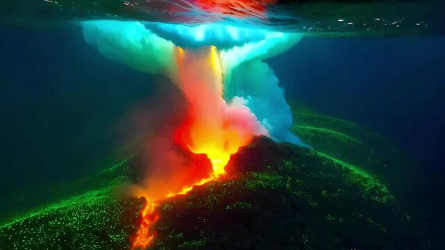 A deep-sea volcano erupts on the ocean floor, with glowing lava illuminating the dark depths. Bioluminescent organisms activate in a mesmerizing light display. The camera pans up, revealing a giant ts