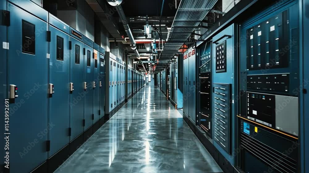 Poster a long corridor features rows of blue server cabinets, reflecting artificial light on polished floor