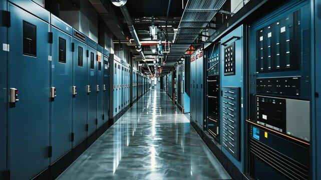 A long corridor features rows of blue server cabinets, reflecting artificial light on polished floors. The high-tech environment suggests data management and storage activities.