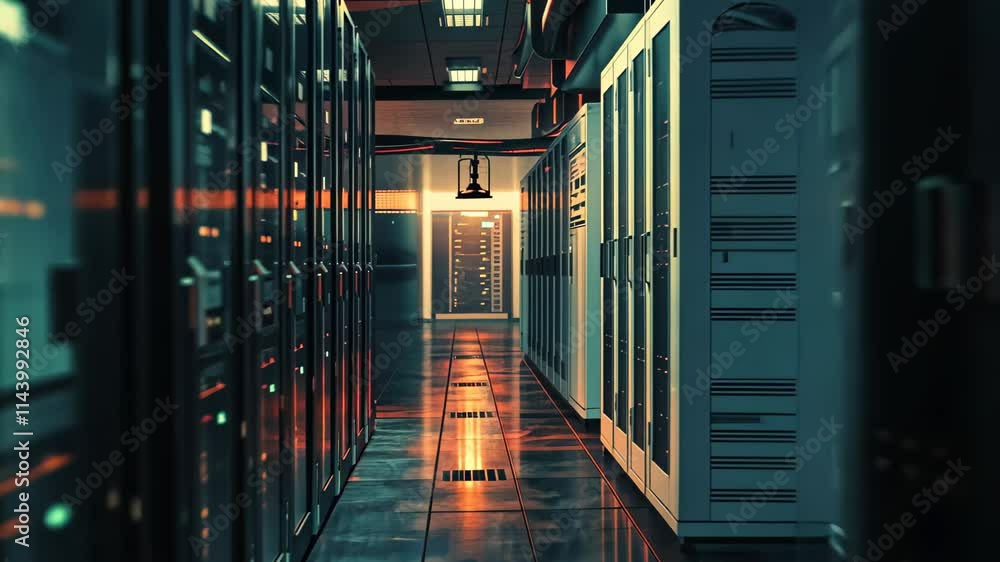 Aufkleber the server room displays an array of high-tech equipment, with glowing indicators illuminating the o