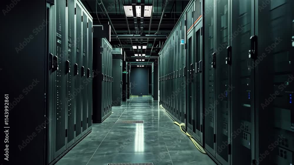 Poster the corridor features tall server racks arranged neatly on both sides, illuminated by subtle overhea