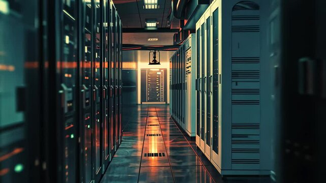The server room displays an array of high-tech equipment, with glowing indicators illuminating the otherwise dark space, as warm sunset light filters through.