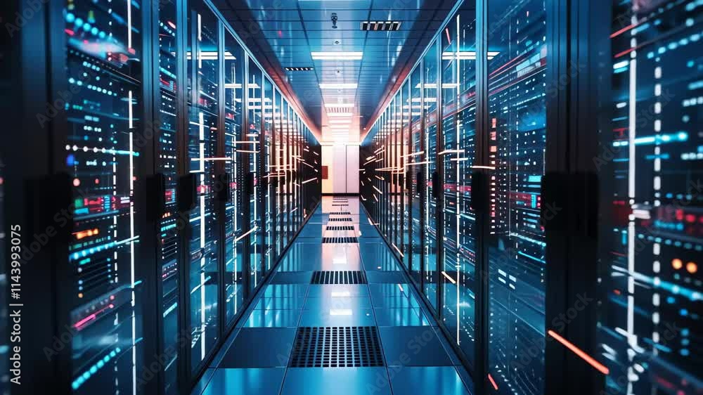 Poster rows of server racks glow with blue and white lights in a data center, highlighting the advanced tec