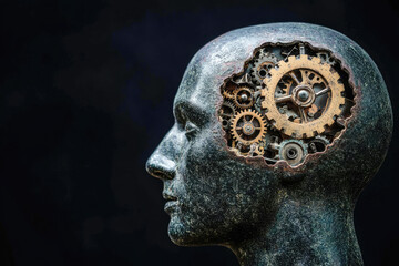Human head with exposed gears and cogs symbolizing mechanical thought process