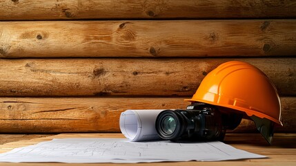 An orange hard hat rests beside a camera and architectural blueprints, symbolizing construction and photography.