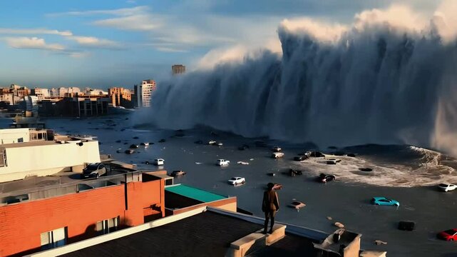 A colossal tsunami engulfs a city, with massive waves crashing into buildings and streets. The water rushes with immense force, creating a dramatic and devastating scene of nature's power. Generative 