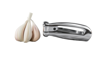 A stainless steel garlic peeler alongside a bulb of garlic on a transparent background, showcasing kitchen tools for home cooking.
