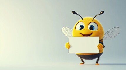 Cheerful cartoon bee holding a blank sign, ready for messages or promotions. Bright yellow and black colors add to the lively mood.