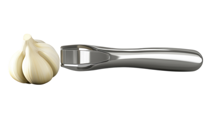 A stainless steel garlic press resting beside a peeled garlic bulb on a transparent background creating a clean, modern kitchen atmosphere.