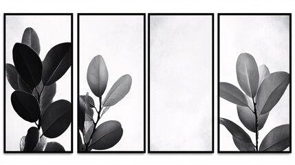 Elegant black and white leaf arrangement in four framed pieces, emphasizing nature's simplicity and beauty.