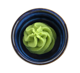 Hot wasabi paste in bowl isolated on white, top view