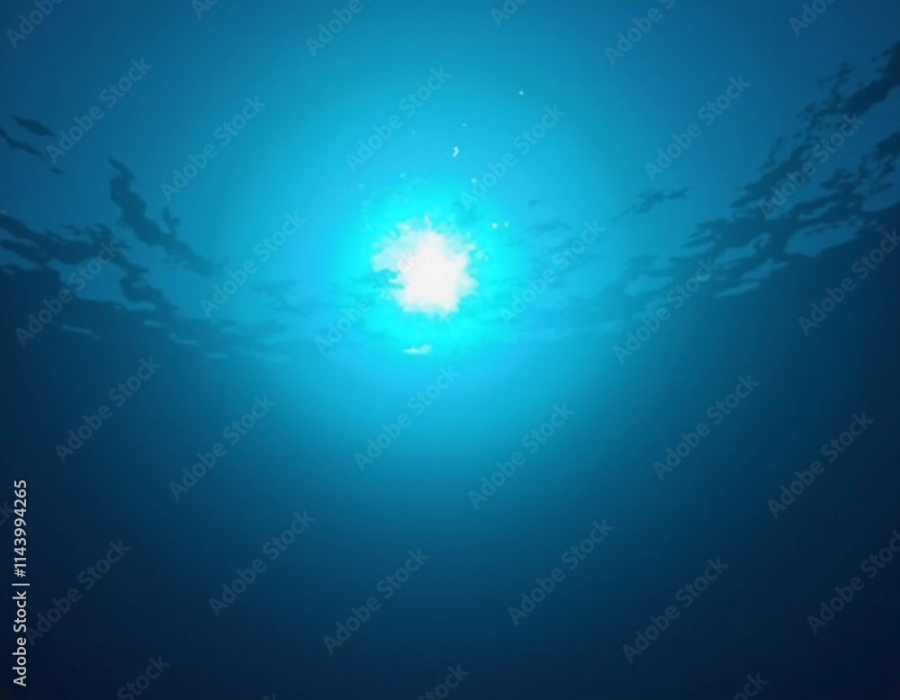 Poster light filters through the surface of the deep blue sea, creating a serene atmosphere with vibrant ra