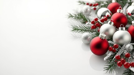 Festive Christmas Ornament Arrangement with Red and Silver Baubles and Fir Branches on White