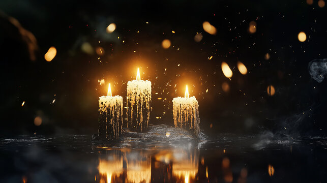 Stimmungsvolle Aufnahme mit drei brennenden Kerzen zum dritten Advent, warmes Kerzenlicht, festliche Weihnachtsdekoration