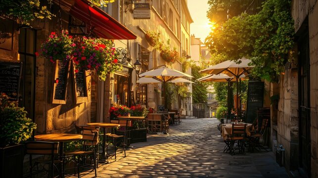 Charming Parisian Cafe Street at Golden Hour Sunrise