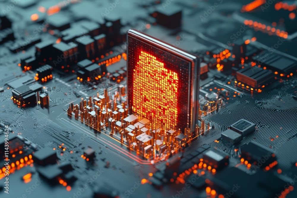 Poster close-up view of a glowing circuit board with vibrant orange lights and high-tech microchips creatin