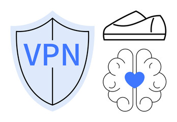 Shield with VPN text for security, sneaker for fitness, and brain with a heart for mental health. Ideal for cybersecurity, fitness apps, mental health awareness, wellness programs, data protection