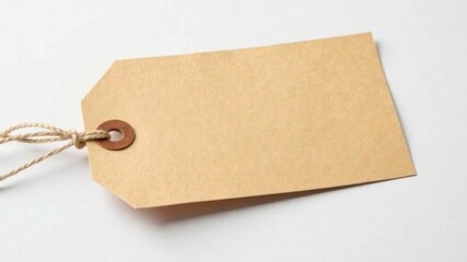 A blank craft paper tag mockup, prepared for text, lies on a plain, plain table.