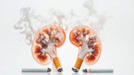 A striking depiction illustrates the detrimental effects of smoking on kidney function, featuring two vibrant kidneys engulfed in swirling smoke with cigarette remnants at the base.
