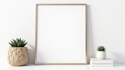 Home interior poster mock up with horizontal metal frame, succulents in basket and pile of books on white wall background