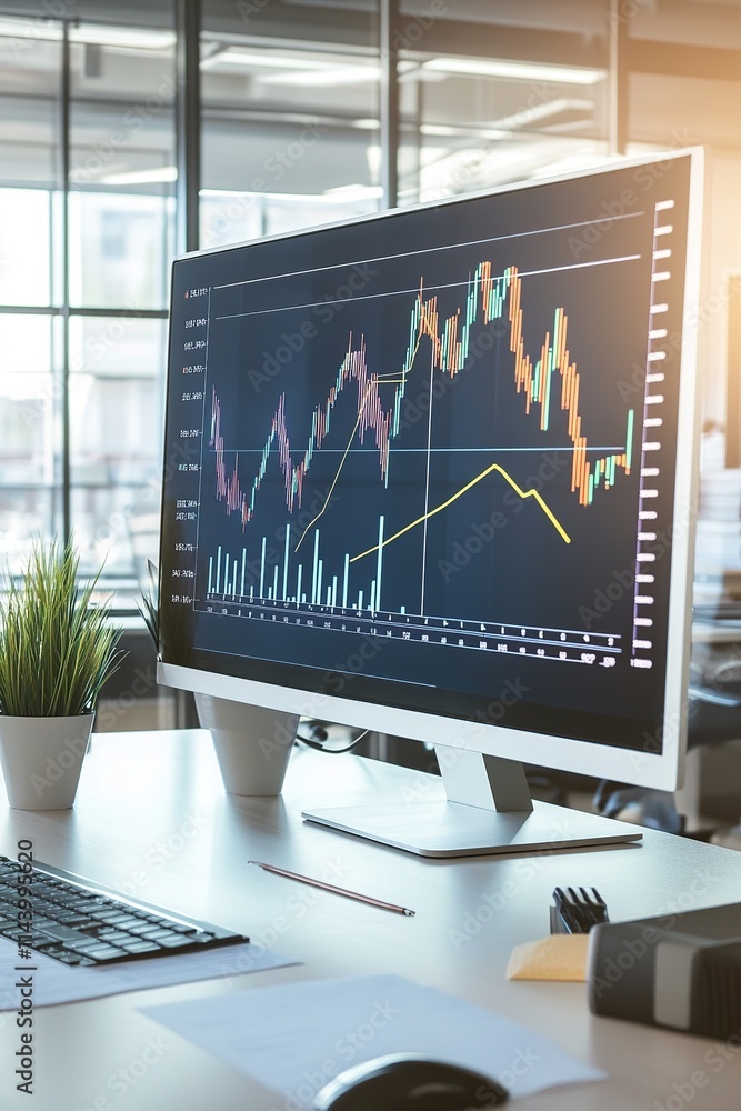 Poster dynamic graph showing financial growth projected onto large monitor in modern office setting