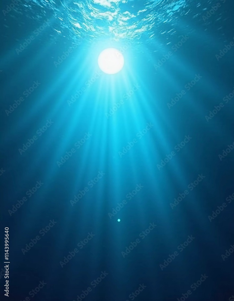 Poster light filters through the surface of the deep blue sea, creating a serene atmosphere with vibrant ra